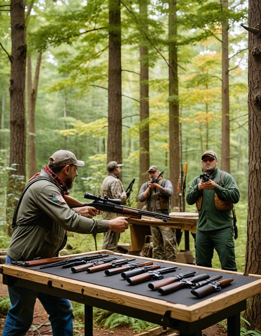 A dynamic scene featuring a diverse group of firearm enthusiasts, including collectors and hunters, showcasing various firearms and related gear in an outdoor setting. The background includes a lush forest and a shooting range, with elements like target boards, collectible firearms, and nature. Depict camaraderie and expertise among the group, emphasizing the importance of safety and knowledge. Overall, the image should inspire passion for firearms and responsible ownership. super-realistic. vibrant colors. outdoor setting.