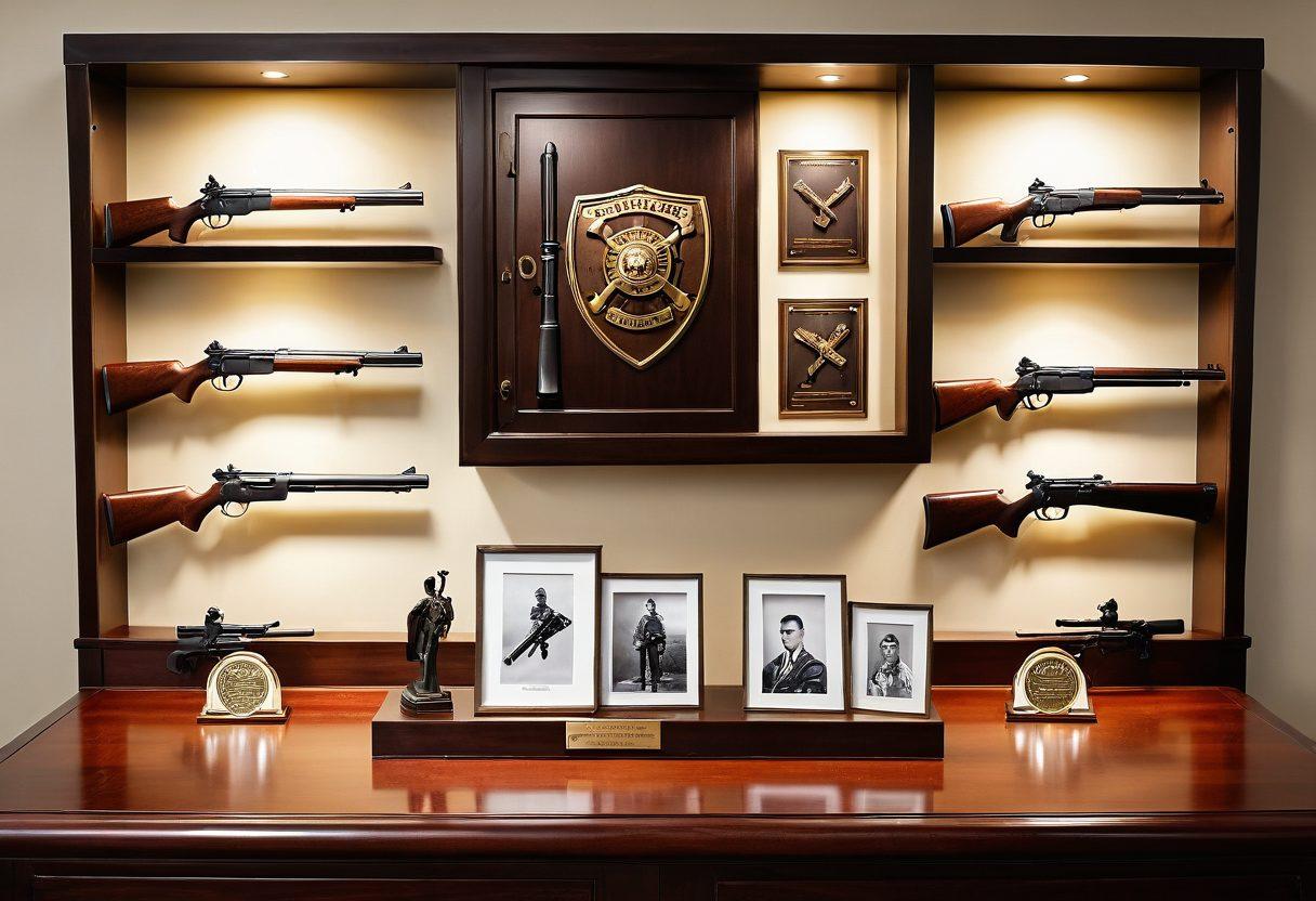 Illustrate a safe, serene indoor environment where a collection of firearms is neatly displayed, alongside insurance documents and a shield symbolizing protection. Showcase a warm color palette to evoke a sense of safety and responsibility, while including subtle elements like a family photo and a lockbox in the background. The overall feel should represent security, knowledge, and passion for firearms. super-realistic. warm colors. white background.