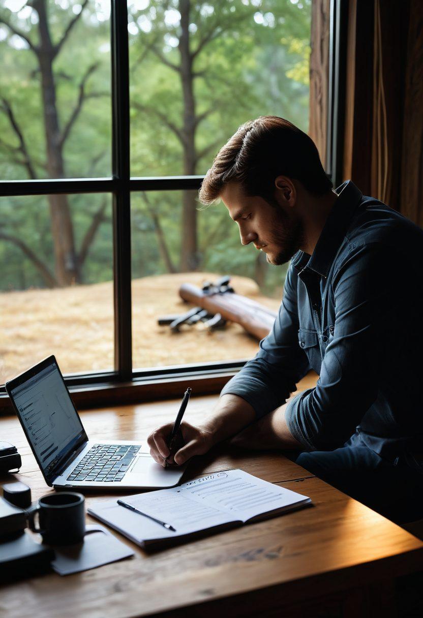 A contemplative individual seated at a wooden desk, meticulously comparing various gun insurance policies with a laptop and a notepad. Encircling them are safety symbols and a tranquil outdoor scene through a window, symbolizing peace of mind. A cozy ambiance with warm, soft lighting enhances the scene, portraying a balance of caution and comfort. super-realistic. warm colors. minimalistic background.